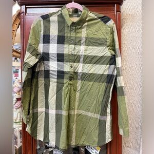 BURBERRY cotton blouse green plaid large half button up long sleeve london UK
